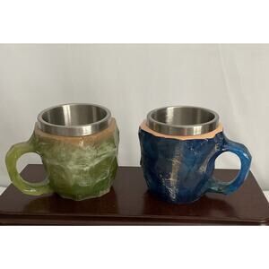 Set Of 2 Resin Faux Mineral Crystal Coffee Mugs Steel Inside Blue& Green